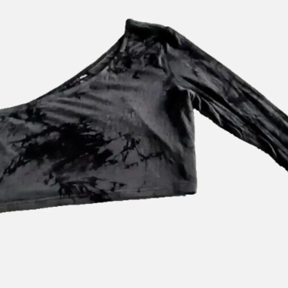 Women’s One Shoulder Crop Top XL Black Gray Tie Dye Asymmetrical Long Sleeve - Picture 7 of 10